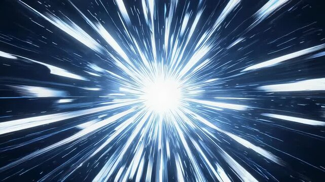 Bright light streaks emanate from a central point, creating a tunnel effect against a dark background