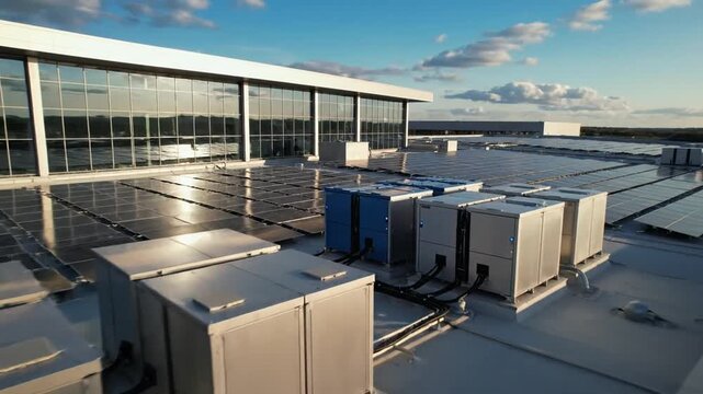 Cinematic slowmotion footage of a modern industrial building with sustainable rooftop solar panels and sleek external architecture, showcasing clean energy infrastructure in high definition.