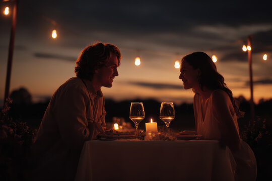Couple Dining Romantic Dinner at Sunset