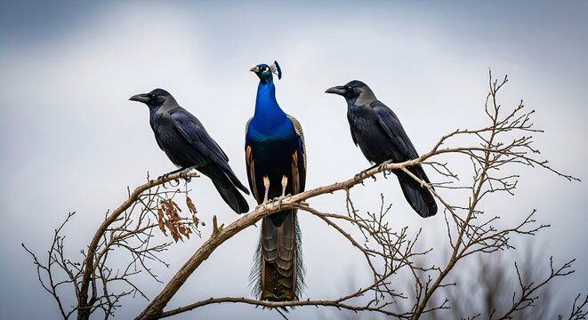 Peacock and Crows: "Majestic Blue Peacock Perched on Branch with Two Black Crows"
