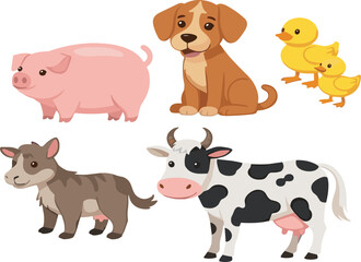 Fototapeta premium Farm Animals Cartoon Vector Set with Pig, Dog, Cow, Goat and Duck Cute Characters