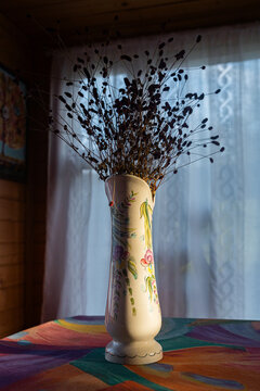 Dried Flowers Composition in Vintage Porcelain Vase