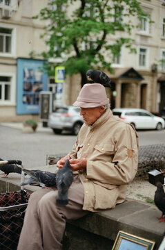 elderly man feeding pigeons