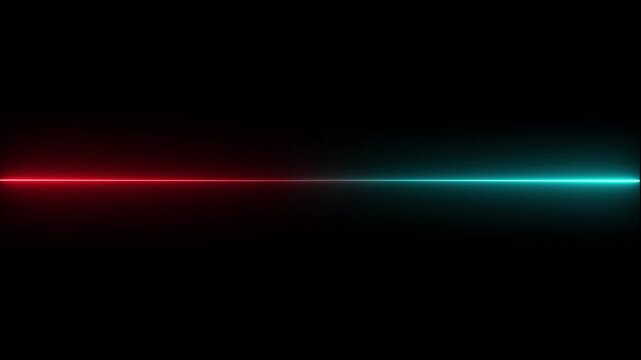 Split Horizontal Neon Line Red and Cyan on animated Black Background light, Glowing horizontal red and cyan neon lines streaming across on the screen animation on dark black background.