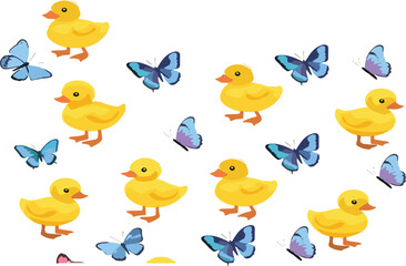 Fototapeta premium Cute Ducklings and Butterflies Cartoon Vector Set with Yellow Baby Ducks and Blue Insects