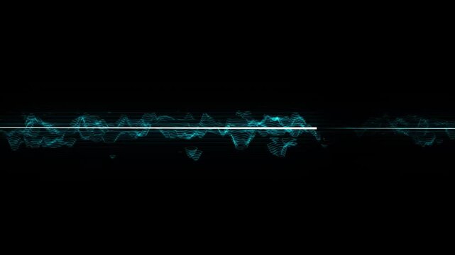Abstract Cyan Waveform Sound Visualization with Horizontal Line on animated Black Background, Glowing Cyan horizontal neon lines streaming across on the screen animation on dark black background.