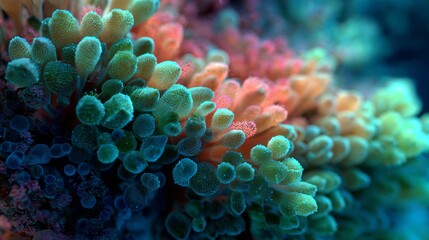 Obraz premium Coral reef macro texture with intricate natural patterns and vibrant ocean colors, abstract marine ecosystem background showcasing detailed reef surface structure and underwater biodiversity in tropic