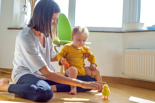 young female babysitter spends time with baby. 