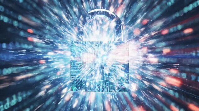 Cinematic Digital Cyber Security Padlock Glowing in Virtual Reality Environment Symbolizing Network Protection Data Safeguarding Encryption and Advanced Information Privacy Safety Technology