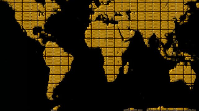 3D World Map Constructed from Golden Cubes on a animated Black Textured Background globe earth