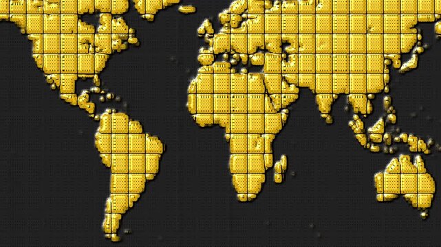3D World Map Composed of Golden Cubes on a Dark Gray Textured animated Background globe earth