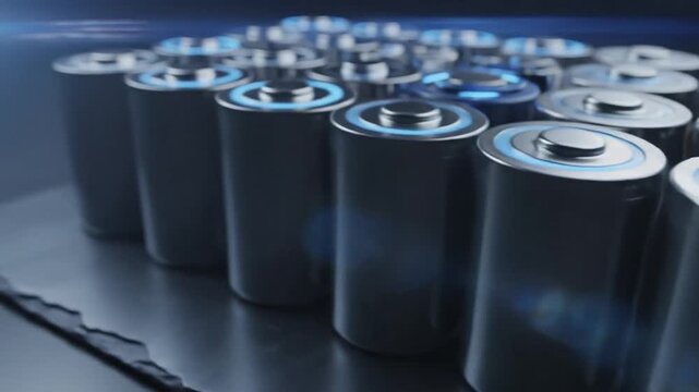 Cinematic capture of sleek metallic cylindrical energy cells organized in a precise cluster across a dark reflective surface, showcasing modern power storage and lithium battery technology.