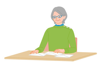 Senior woman checking multiple envelopes at desk illustration