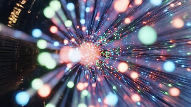 Cinematic illuminated fiber optic cables emitting vibrant light trails representing high-speed digital data transmission and advanced telecommunication networking technology in 4K resolution.