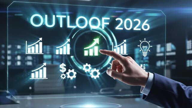 Cinematic motion visualization of global economic innovation and strategic business outlook for the year 2026 featuring financial growth projections and technological advancement.