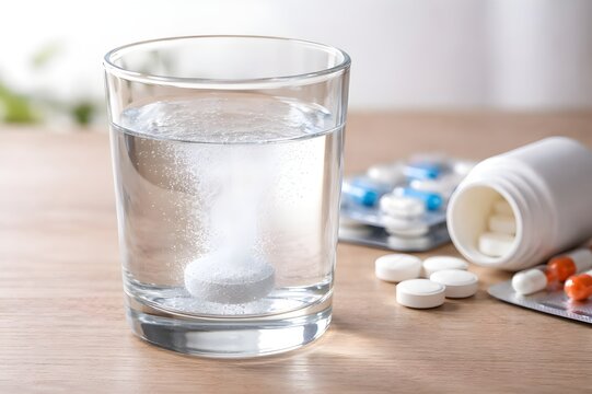 Clear Drinking Water Glass with White Pills on Table &ndash; Healthcare Concept Close-Up
