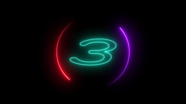 Cyan neon number 3 enclosed by a purple and red neon circular frame against a animated black background