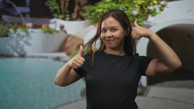 Woman gives two thumbs up showing hands and thumbs at pool resort, smiling toward camera with relaxed pose and dimpled grin; friendly approval.