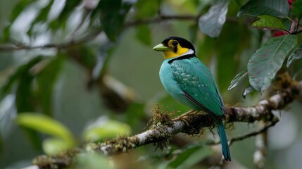 Fototapeta premium Colorful long-tailed broadbill bird perched on a tree branch in lush forest, showcasing exotic wildlife and tropical bird species in natural habitat