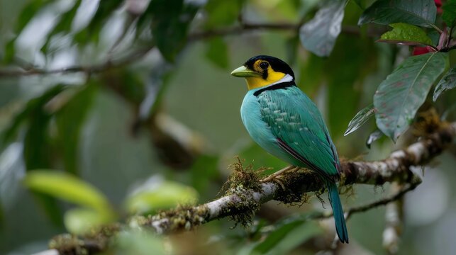 Colorful long-tailed broadbill bird perched on a tree branch in lush forest, showcasing exotic wildlife and tropical bird species in natural habitat