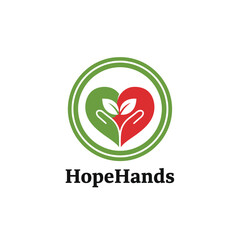 A logo featuring a heart composed of green and red hands, holding a plant. It has a circle frame