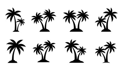 Obraz premium Black Coconut Tree Icon Collection – Tropical Palm Silhouette Set on White Background