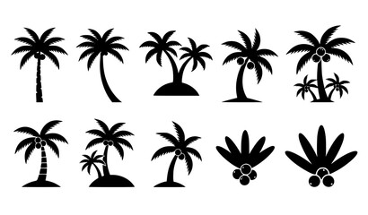 Fototapeta premium Minimal Black Coconut Palm Tree Symbols – Tropical Nature Vector Icon Set