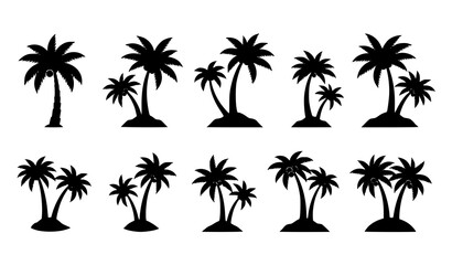Obraz premium Black Coconut Palm Tree Silhouettes – Tropical Island Icon Pack for Nature and Wellness Design