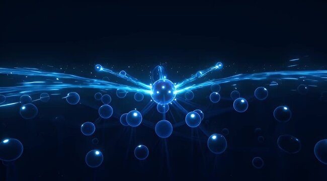 Abstract representation of interconnected molecules with luminous blue spherical nodes
