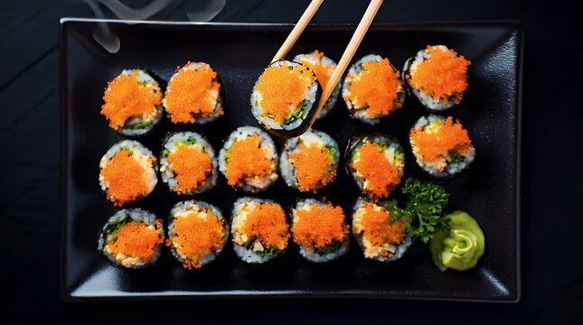 Sushi rolls with salmon roe and cucumber on a black rectangular plate with chopsticks, captured from directly above