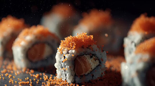 Sushi rolls topped with vibrant orange fish roe, close-up view on a dark surface surrounded by scattered roe