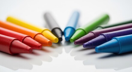 Fototapeta premium Colorful crayon assortment on white background, school supplies for art, red, yellow, green, blue, creative. Back to school concept.