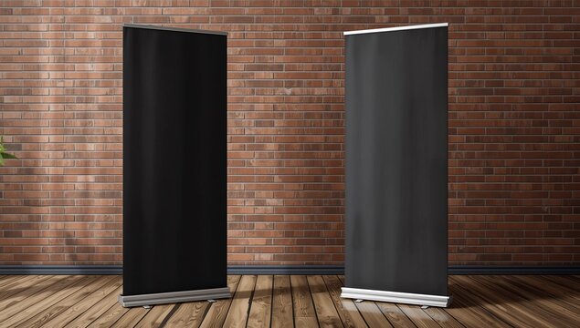 Two blank black roll up banner stands isolated in interior with clipping path around ad banner. 3d illustration
