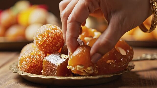 A hand adorned with jewelry reaches for colorful Indian sweets on a decorative plate, showcasing a variety of textures and shapes, set against a blurred festive background of more sweets