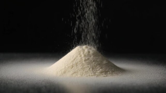 Refined cinematic push-in toward vanilla powder forming a symmetrical mound on a polished dark surface while a delicate continuous stream falls from above frame, subtle particle presence, diffused neu