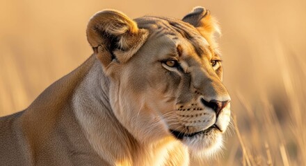Obraz premium Majestic lioness portrait at golden hour in nature, a beautiful African wildlife scene.