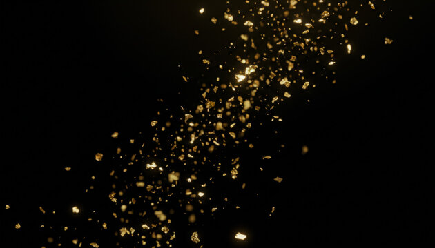 Elegant gold flakes float against a dark backdrop with minimalist aesthetic style