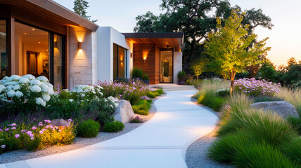 Fototapeta premium Modern Outdoor Landscape with Gravel Pathways and Solar Powered Lanterns