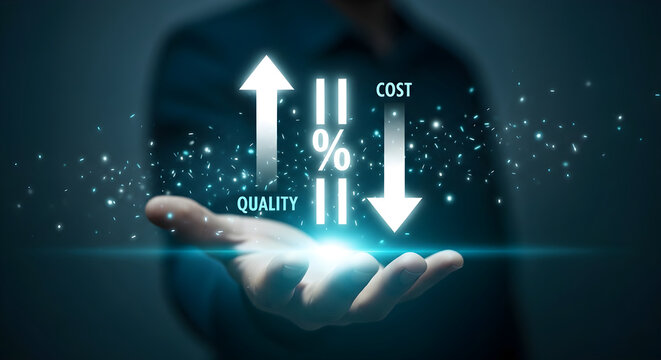 Hand holding up arrows for quality increase and cost decrease image photo Business