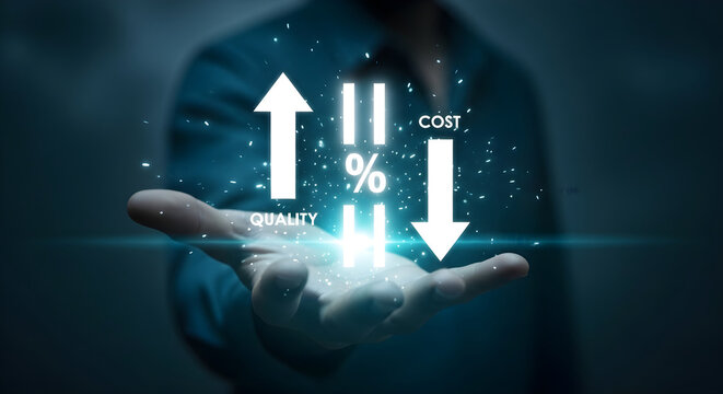Hand holding up arrows showing increased quality and decreased cost business finance