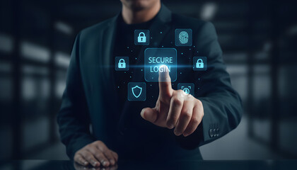 Person using fingerprint and security icons for secure login authentication password Business
