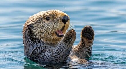 Obraz premium Sea otter swimming playfully in clear blue ocean water with joyful expression