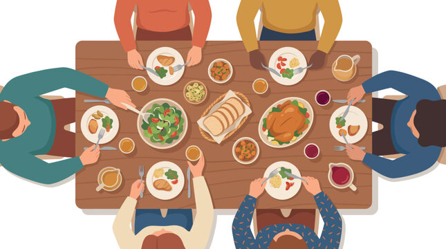 Family Meal at Home &ndash; Top View Dining Table Vector Scene