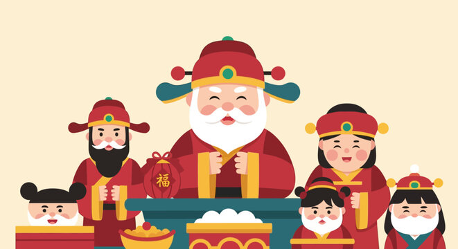 Chinese God of Wealth (Caishen) Family Celebration. Lunar New Year Prosperity Blessing Vector Illustration.