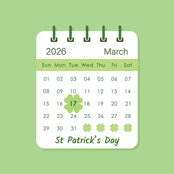 March 17 St Patricks day 2026, calendar date highlighted on calendar sheet, vector illustration