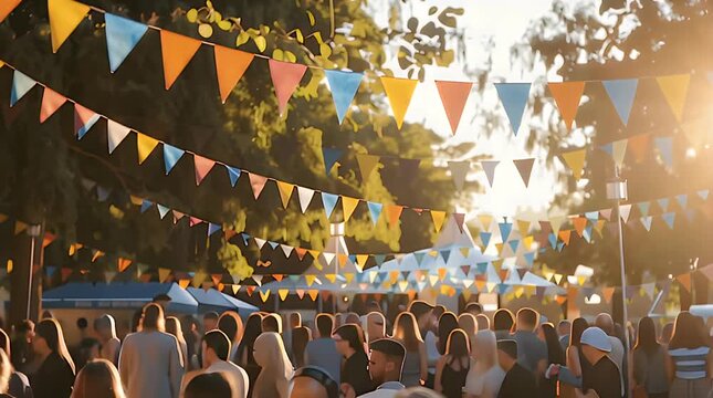 Vibrant outdoor celebration with colorful bunting flags overhead and a crowd below, bathed in warm sunset light, evoking community, joy, and festive atmosphere.