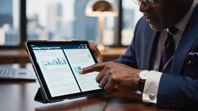 Cinematic slow-motion footage of a professional businessman managing digital document workflow and quality assurance processes using advanced technology in a modern office environment.