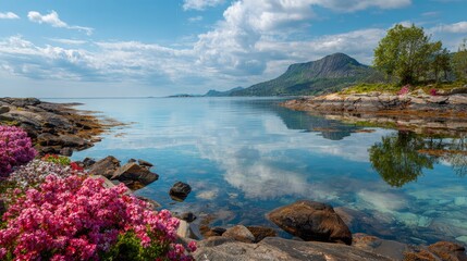 Obraz premium Beautiful nordic fjord view with rocky seashore, flowering pink blossoms, crystal clear reflections, and dramatic cloud filled blue sky in serene wilderness environment