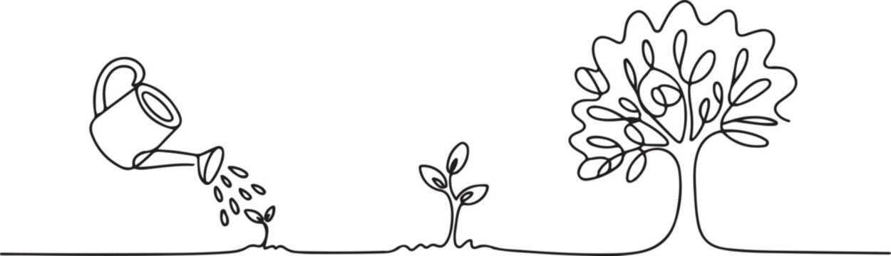 Continuous single line sketch drawing of watering can plant tree seedling growth.one line vector illustration with white background