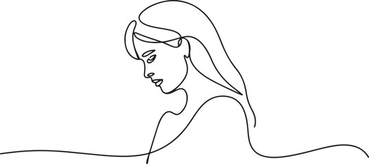 one continuous line drawing of a woman looking down and sad.one line vector illustration with white background © Misho x Mamun